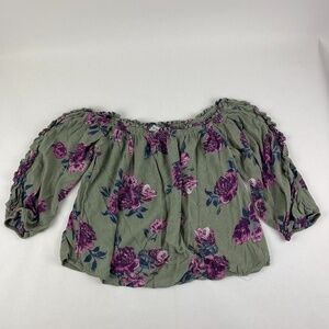 Arizon Jean Co Blouse Womens XS Green Purple Floral Off The Shoulder